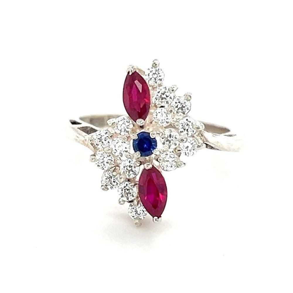 Sterling Silver 925 White/Blue/Red Cz Ring‎